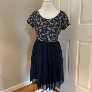 Anthro blue pattern fit & flare style dress.